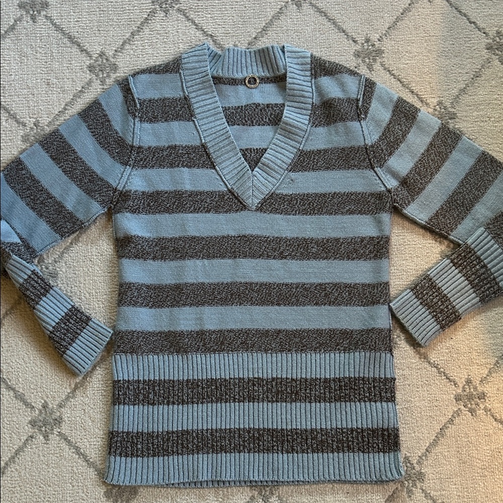 Striped V-Neck Sweater in Blue and Gray Wool Blend
